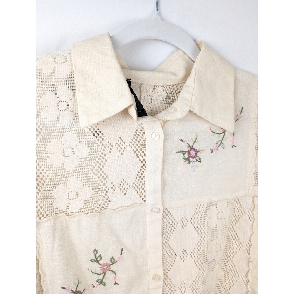 Zara Patchwork Crochet Floral Embroidered Button Shirt Sz XS Cottagecore Granola - Picture 5 of 9